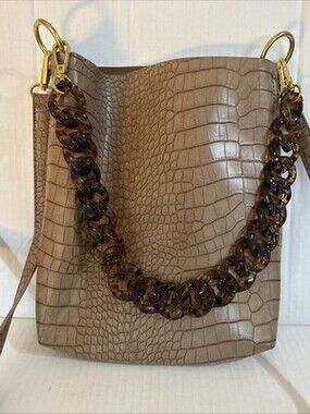 🐊 Beige Tan Croc Embossed Tote Bag Brown Tortoise Chain Minimalist Street Level